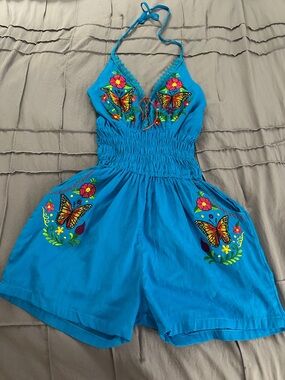 Women’s Blue Butterfly Embroidered Halter One-Piece Romper